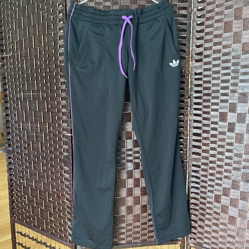 Adidas Black Track Pants with Purple Pinstripe - Size Mens Medium